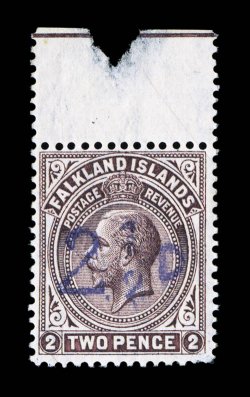 52P, 1928 2 12D Provisional surcharge, the unique proof example with the surcharge in violet, a marginal example from the top of the sheet, quite fresh and attractively
centered, o.g., small inconsequential corner flaw at bottom right, fine.<