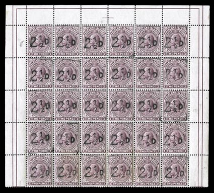 52, 1928 2 12D Provisional surcharge, the celebrated Carpenter half-sheet of thirty, being the first five rows of the sheet with complete sheet selvages at top and at sides,
in a remarkable pristine state of condition, well centered, deep l