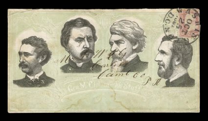 Gen. MClelland and his Staff all over design of four portraits in black on green (Walcott 289), 3c Rose (65) folded over at top right and tied by Oct. 25, 1861 Washington, D.C.
c.d.s. on cover to Pennsylvania, cover with light stain at botto