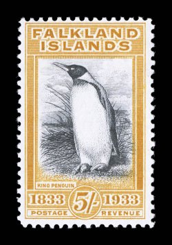74a, 1933 5- Yellow orange and black, deep intense colors in this distinctive and scarce shade, o.g., trivial h.r., nearly very fine 1989 RPS certificate (S.G. 136a
£1,900).