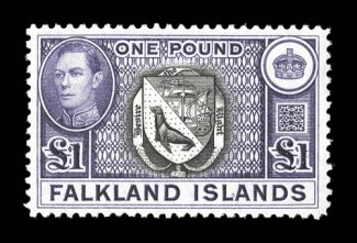84-96, 101-02, 1938-46 12p-£1 King George VI cplt., plus the two values added later in 1949, brilliant colors, o.g., n.h., overall very fine (S.G. 146-83
£425).