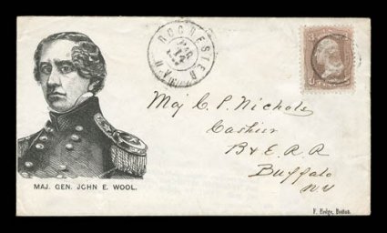 Maj. Gen. John E. Wool portrait and imprint in black (Walcott 378), 3c Rose (65) tied by target cancel with matching Mar. 14, 1861 Rochester, N.Y. double ring pmk. at left,
exceptionally fresh, extremely fine and choice ex-Bischel.