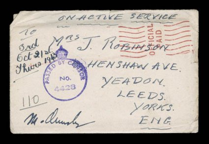 1942-43 Five cover correspondence from Private stationed at a military garrison in the Falkland Islands during WWII, all five covers, all with original contents, were sent
stampless On Active Service, four bear scarce violet crowned Passed by