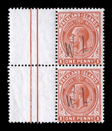31, 1912 1p Red, left sheet-margin vertical pair, both stamps initialed W.L. in manuscript, being the initials of William Luxton of Chartres, a resident of the Falklands
living in Chartres initialing of mint stamps was a system devised to