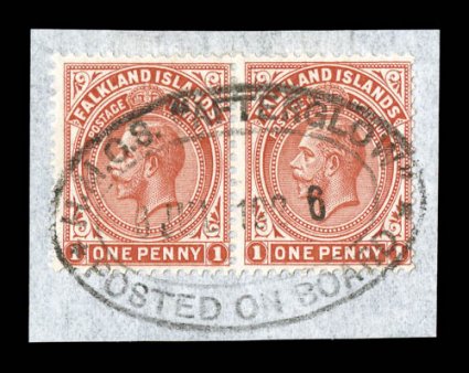 42, 43, 1923-24 1p Red and 2p Brown violet, a horizontal pair of each tied to separate small piece by complete bold strikes of H.M.C.S. AfterglowPosted on Board double oval
postmarks dated either 1925 or 1926 (Heitjz 21), very fine and scar