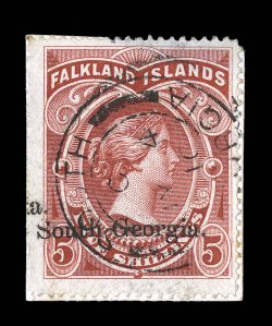 Small South Georgia imprint, type SG.IMP.2, one complete imprint and a small bit of a second on an 1898 5- Brown red Victoria (21), tied to small piece by nearly complete
South GeorgiaJy 410 c.d.s., which is the first day of use of this c