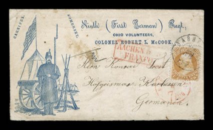 Regimental design of soldier standing guard, a design used by itself (Walcott 1957) and with various regimental inscriptions, this one rather extensive for the Ninth (First
German) Regt.,Ohio VolunteersColonel Robert L. Cook, listing Carnife