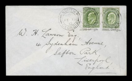 Small South Georgia imprint, type SG.IMP.2b, two separate imprints below two 1904 12p Yellow green (22) singles, which are tied to cover to Liverpool by multiple strikes of
South GeorgiaFe 1312 double ring c.d.s., cover quite fresh and cl