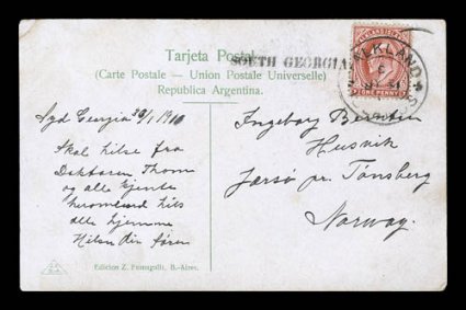 Large SOUTH GEORGIA imprint, type SG.IMP.1a, choice strike on picture post card to Norway, strike appears just to left of 1904 1p Red franking (23) which is tied by virtually
complete Falkland IslandsJy 3110 type F.4 c.d.s., note that date