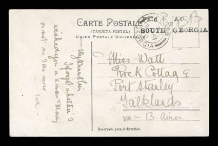 S.G. PH1a, 1911 Paid 1 At South GeorgiaEBB provisional handstamp, with large A of At and manuscript initials E.B.B. (Edward Beveridge Binnie, Postmaster at South Georgia),
choice impression on an especially clean and attractive post card