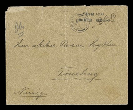 S.G. PH2, 1911 Paid 2 12 at South GeorgiaEBB provisional handstamp, with small a of at and manuscript initials E.B.B. (Edward Beveridge Binnie, Postmaster at South Georgia),
very fine strike on brown cover addressed to Norway, partly ov