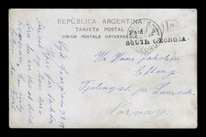 S.G. PH3a, 1912 Paid 1 At South GeorgiaJIW provisional handstamp, with large A of At and manuscript initials J.I.W. (James Innes Wilson, Assistant Postmaster at South
Georgia), outstanding strike on the address side of a real photo postc