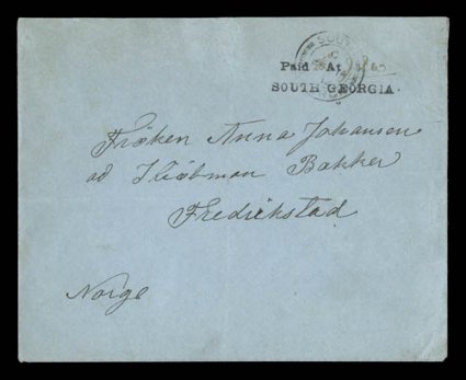 S.G. PH4, 1912 Paid 2 12 At South GeorgiaJIW provisional handstamp, with large A of At and manuscript initials J.I.W. (James Innes Wilson, Assistant Postmaster at South
Georgia), excellent complete strike on cover to Norway, imprint ove