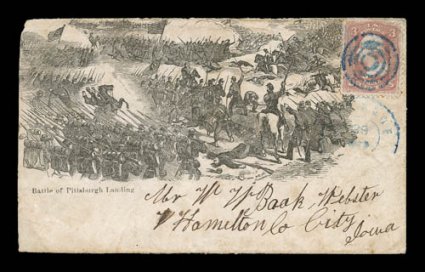 Battle of Pittsburgh Landing battle scene in black (Walcott 745), 3c Rose (65) cancelled by blue target and just tied by matching c.d.s. on cover to Iowa, opened at left, light
edge wear, fine an elusive patriotic 1983 PF certificate.