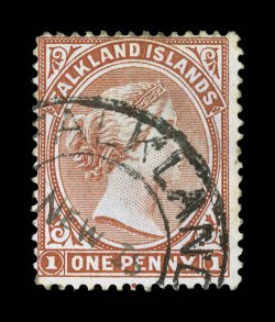 12, 1902 1p Orange red, fine single with large portion of the elusive Falkland Islands double ring type N.1 cancellation, with New Is inserted in manuscript in the center,
nicely struck, deep rich color, fine one of the rarest of all Falkla