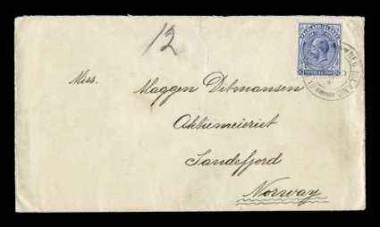 33, 1912 2 12p Deep ultramarine, tied to whalers cover addressed to Norway by an excellent strike of New IslandMy 24 16Falkland Is. type N.2 c.d.s., Sandefjord arrival roller
cancellation on reverse, cover with tear at top well away from s