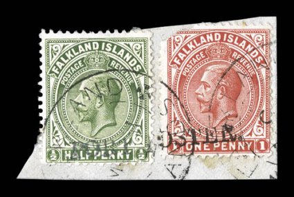 PORT FOSTER straight line imprint type PF.1 across singles of 1912 12p Yellow green (30) and 1p Red (31 defective corner) and tied to small piece by two part strikes of
Falkland IslandsMr 31 c.d.s., fine and rare 1971 BPA certificate <