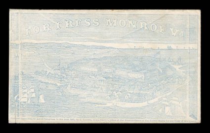 Fortress Monroe, Va. all over design in blue (Walcott 766), 3c Rose (65) tied on reverse by Port Royal, S.C., Jan 18 c.d.s., sent to Vermont, cover with small sealed cover
tear, otherwise a very fine example of this scarce all-over scene 199