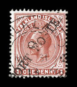 PORT FOSTER straight line imprint type PF.1, nearly complete imprint positioned diagonally on 1912 1p red (31), with neat central Falkland IslandsMr.3113 c.d.s. type F.4, very
fine the Post Foster imprint is a very scarce marking, as it w