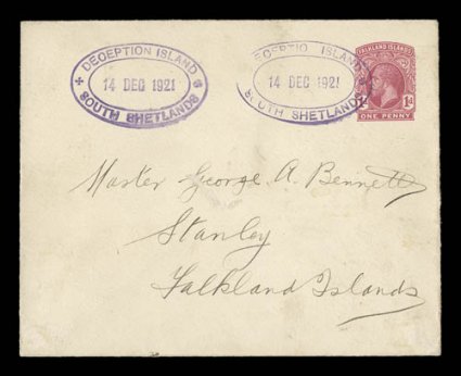 Heijtz E3, 1916 1p Carmine King George V stamped envelope, used, sent to Port Stanley and cancelled by two strikes of scarce Deception Island14 Dec 1921South Shetlands double
oval type SS.1 postmarks in violet, arrival c.d.s. on reverse, cou