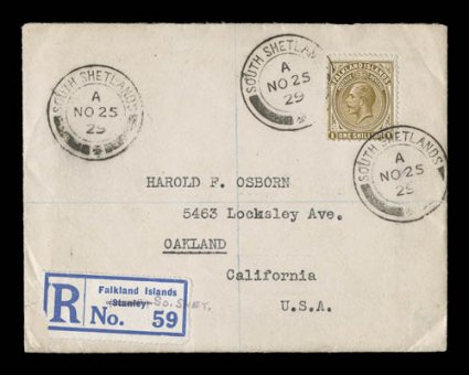 35, 1912 1- Bister brown, fine single tied to small attractive registered cover to Oakland, California by multiple strikes of scarce South ShetlandsNo 2529 type SS.2 c.d.s.,
with (Port) Stanley registration label, containing interesting ori