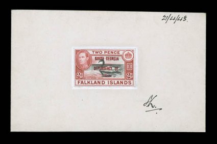 3L3E, 1944 South GeorgiaDependency ofThe handpainted overprint essay on 2p Falkland, the unique overprint essay incorporating the word The as part of the overprint at bottom,
which was later deleted and, in this case, crossed out in black
