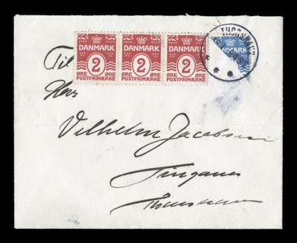 Facit 1, 3, Denmark 1919 4o Blue, bisected diagonally, tied to local cover along with Denmark 2o Carmine horizontal strip of three by Thorshavn19.1.19 c.d.s., light horizontal
file fold, a very fine and scarce approved provisional use in the