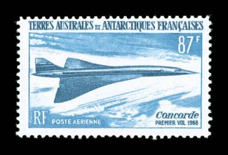 C18 var., 1969 87Fr Concorde, prepared but never issued, a fresh mint example of this rarity, with the denomination of 87Fr, instead of 85Fr which was ultimately issued, o.g.,
n.h., very fine among the rarest stamps of the 20th century.