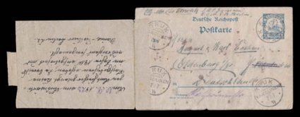 1914 (7 July) 5pf Yacht Caroline Islands postal card to Oldenburg, cancelled by Truk c.d.s., amazingly this cards delivery was delayed nine years due to the onset of World War
I in the Pacific (and actually hidden under the floor of a church