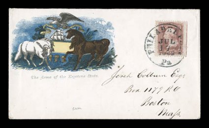 Pennyslvania State Seal, The Arms of the Keystone State (Walcott 1744) beautiful multicolored design, 3c Rose (65, well centered with natural straight-edge at right) tied to
immaculate cover by July 17, 1862 Philadelphia c.d.s., sent to Bosto