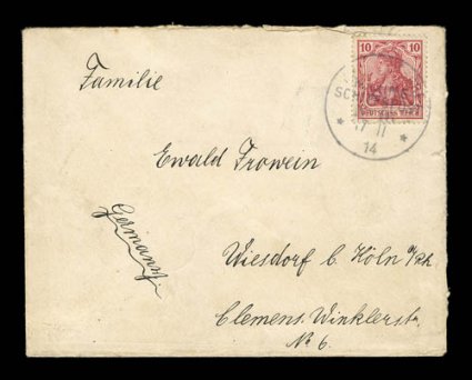 1914 (17 Nov.) cover from the Scharnhorst to Wiesdorf, bearing 10pf Germania cancelled by excellent strike of Kais. DeutscheMarine SchiffspostNo. 16 c.d.s., fine an extremely
rare cover from Admiral Spees flagship, the Scharnhorst, fr