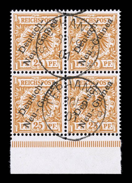 5, 1898 25pf Orange, bottom sheet-margin used block of four, cancelled by light strikes of Stephansort 309 01 c.d.s., bright color, very fine a scarce block signed Steuer BPP
(Michel 5a Ç260).