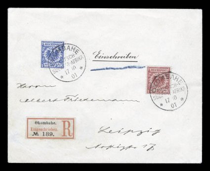 Germany 1889-99 10pf Carmine and 20pf Ultramarine, both tied by OkombaheDeutsch-Sudwest Afrika17 1001 c.d.s. postmarks on fresh registered clean cover to Leipzig (backstamp),
very fine an important German South West Africa forerunner, as onl
