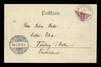 Michel 7H, 1898 10pf Carmine, half used as 5pf, tied to picture postcard by crisp strike of Keetmanshoop247 00 c.d.s, with message on the picture side, sent to Germany (Sept.
4 Freiburg receiver), very fine a scarce usage that was authorize