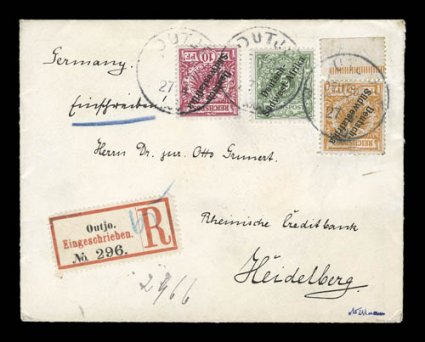 11, 1899 25pf Orange, bottom sheet-margin single tied along with 5pf Green and 10pf Carmine by Outjo 27 400 c.d.s. postmarks on registered cover to Heidelberg (backstamped),
with Outgo registry label, fine the 25pf value is quite scarce on c
