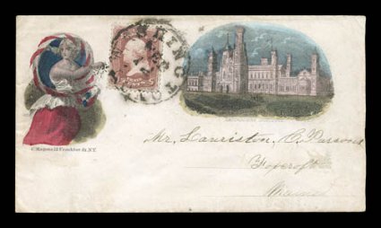 Smithsonian Institute and Female Figure multicolored Magnus design (Walcott 676), 3c Rose (65) tied by Washington, D.C. c.d.s., on cover to Maine, opened at right, very fine an
especially colorful patriotic ex-Bischel.