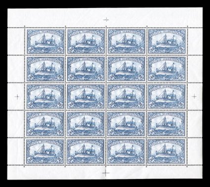 17, 1901 2M Blue, complete sheet of twenty, with full selvages on all four sides, exceptionally fresh, o.g., n.h., very fine quite scarce as a full sheet (Michel 21
Ç2,400).