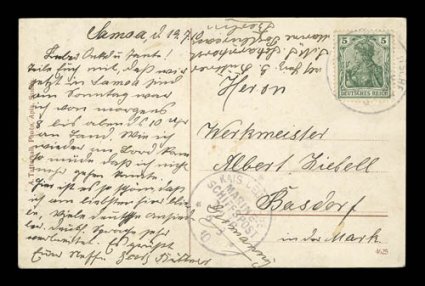 1910 (6 Aug.) Gruss aus Samoa picture post card to Basdorf, with 5pf Germania tied by Kais. DeutscheMarine ShiffspostNo. 16 c.d.s. (with additional second strike at bottom) of
the Scharnhorst, message written on July 19th, very fine a