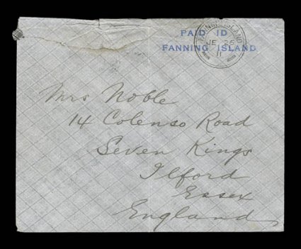 PAID 1DFANNING ISLAND blue two-line provisional handstamp, superb strike on top right corner of cover to England, overstruck with Fanning IslandJe 2611 c.d.s., cover with some
tears at top from opening, just slightly touching handstamp, st