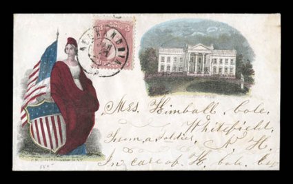 Presidents House and Lady Liberty multicolored Magnus design, 3c Rose (65) tied by Alexandria, Va. c.d.s. on cover to Whitefield, N.H., slightly reduced at right, very fine and
quite scarce.