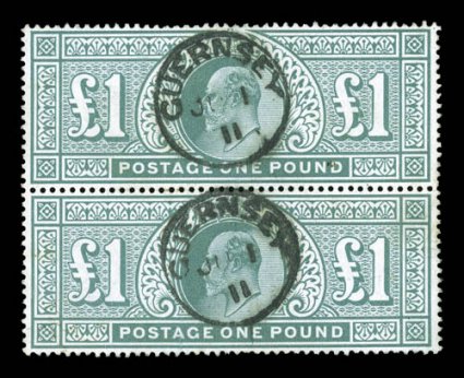 142, 1902 £1 Blue green, used vertical pair, well centered, strong rich color and a crisp detailed impression on bright paper, neatly struck by Guernsey c.d.s. postmarks
neatly framing the Kings head, very fine 2004 Briefmarken Basel certifica
