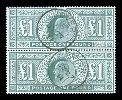 142, 1902 £1 Blue green, another handsome used vertical pair, well centered, fresh color on clean white paper, lightly struck Dover c.d.s. postmarks, very fine (S.G. 266
£1,500+).