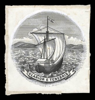 1906 Badge of the Colony large artists drawing of central vignette, in black ink and Chinese white, on thick wove paper measuring 133x143mm, exceptionally well done in this
large size to show the detail of this attractive design, tiny pinhole an