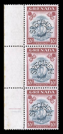 S.G. 153s-163s, 1938 12p to 10- King George VI Pictorials, Specimen perfins, cplt., without the earlier issued 14p, in horizontal or vertical strips of three, several of which
are marginal strips, o.g., n.h., 10- with somewhat toned gum and