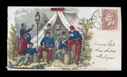 Camp Scene large multicolored Magnus design of seven soldiers and tent (numbered 13), 3c Rose (65) tied by crisp Springfield, Ill c.d.s. on cover to Michigan, just the
slightest reduction at right, exceedingly fresh and a very fine example of th