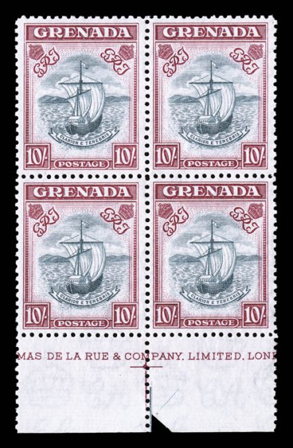S.G. 163c, 1943 10- Slate blue and bright carmine, perforated 12, a marvelously handsome and rare bottom margin block of four with center line and De La Rue imprint,
uncommonly bright and fresh, nicely centered, o.g., n.h., very fine an impres