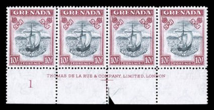 S.G. 163c, 1943 10- Slate blue and bright carmine, perforated 12, a striking bottom margin strip of four with complete imprint and plate no. 1 in selvage, not only is this
extraordinarily well centered and margined, but it is also incredibly fr