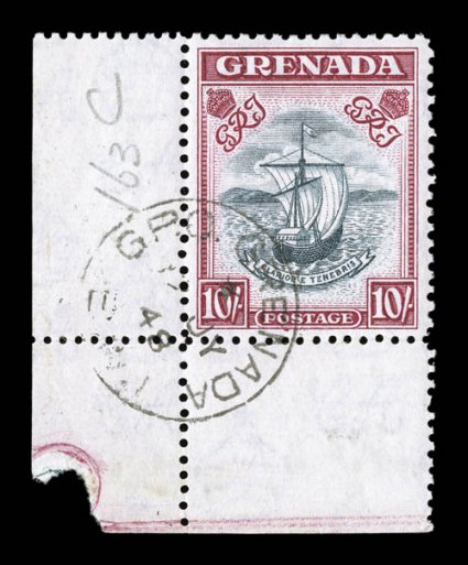 S.G. 163c, 1943 10- Slate blue and bright carmine, perforated 12, a rarely offered used single, being a bottom left corner sheet-margin example, exceedingly well centered,
bright fresh colors, neatly struck Grenada G.P.O.12 JY48 c.d.s., ext