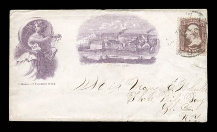 U.S. Navy Yard and Female Figure Magnus design in purple, 3c Rose (slightly oxidized) tied by Washington c.d.s. on cover to New York, cover opened at right, very fine a scarce
and unlisted Magnus design.