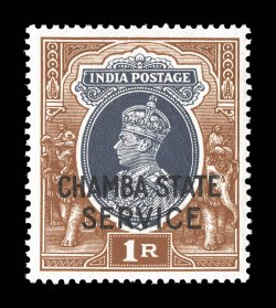 O51A, 1941 1R King George VI overprinted Chamba StateService, a choice mint example of this elusive key value, well centered, o.g., n.h., very fine (S.G. O68
£225).